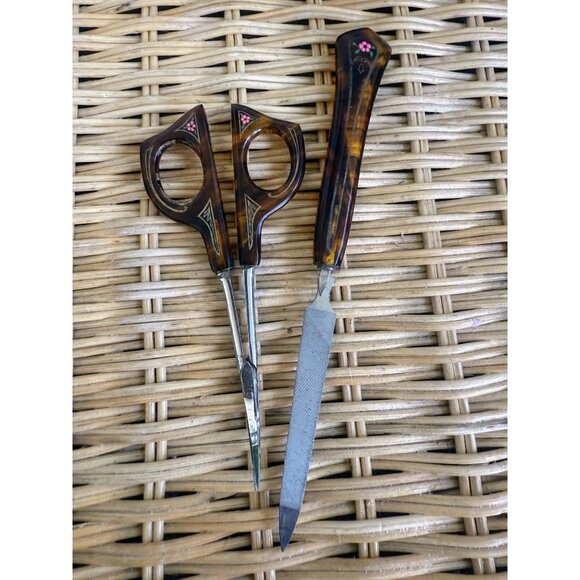 Antique 20's Faux Tortoise Carved Celluloid Painted Flowers Vanity set - Picture 7 of 15